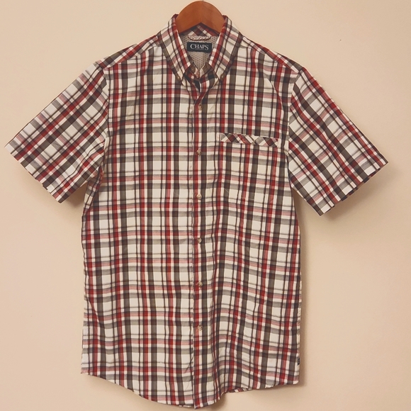 Chaps Red Leaf Plaid Button-down Short-sleeve shirt - Picture 1 of 4
